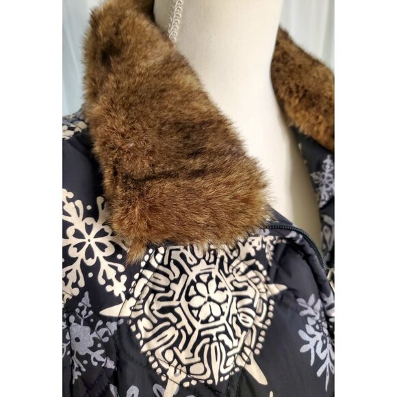 Eddie Bauer Down Vest Womens Large Navy Snowflake Print Full Zip Faux Fur Collar - Picture 4 of 16